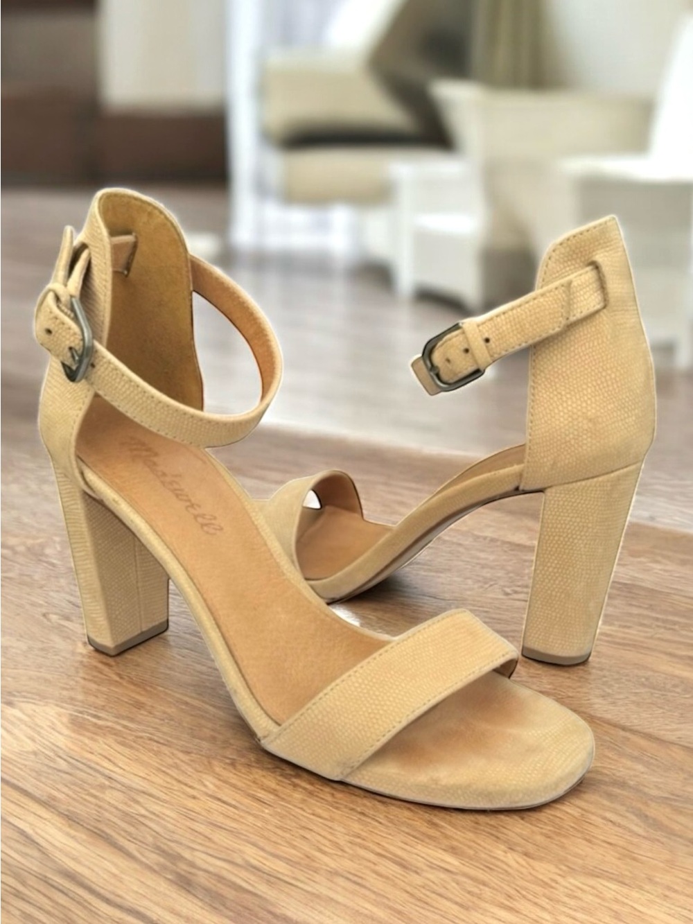 Madewell Beige Suede Lizard Pattern Sandal Ankle  Strap Block Heel